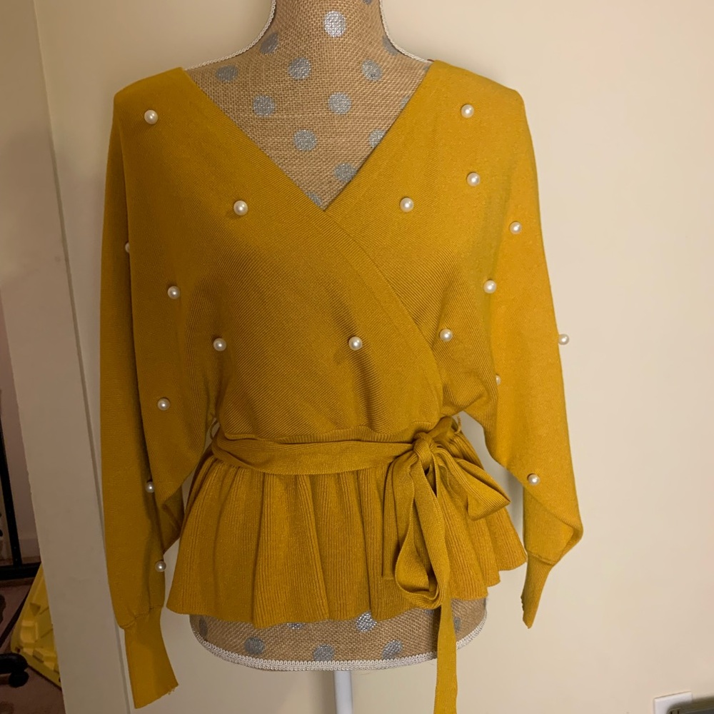 Mustard V-Neck Sweater with Pearl Accents